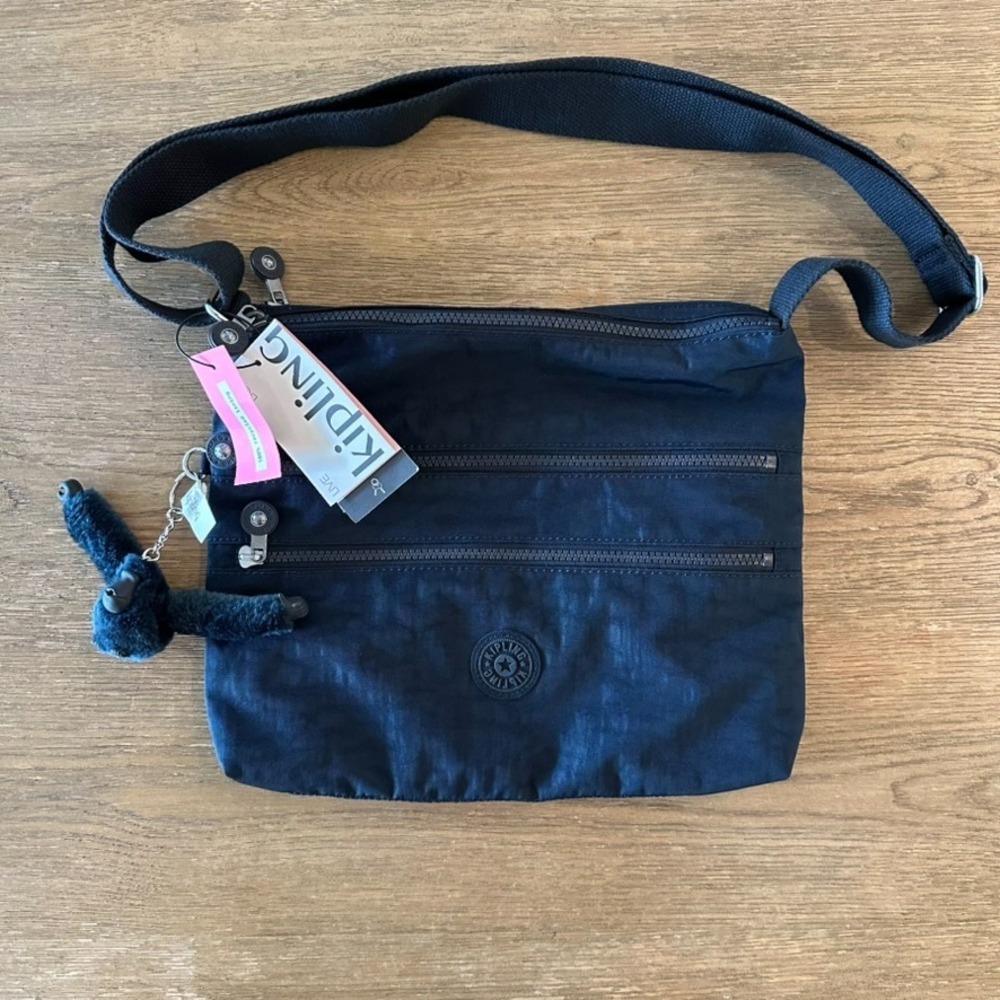 NEW Kipling Alvar Crossbody Live Light Bag-Blue-Furry Kipling Monkey Key Fob-NWT
